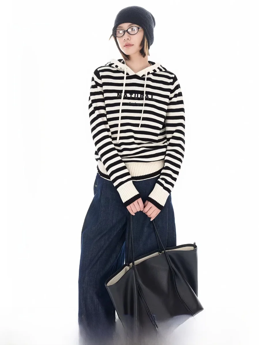 

Cloud Life Poetic Stripe Wool Blend Hoodie Women's Knitted Sweater Winter Casual Soft Polyester Nylon Wool Blend Long Sve