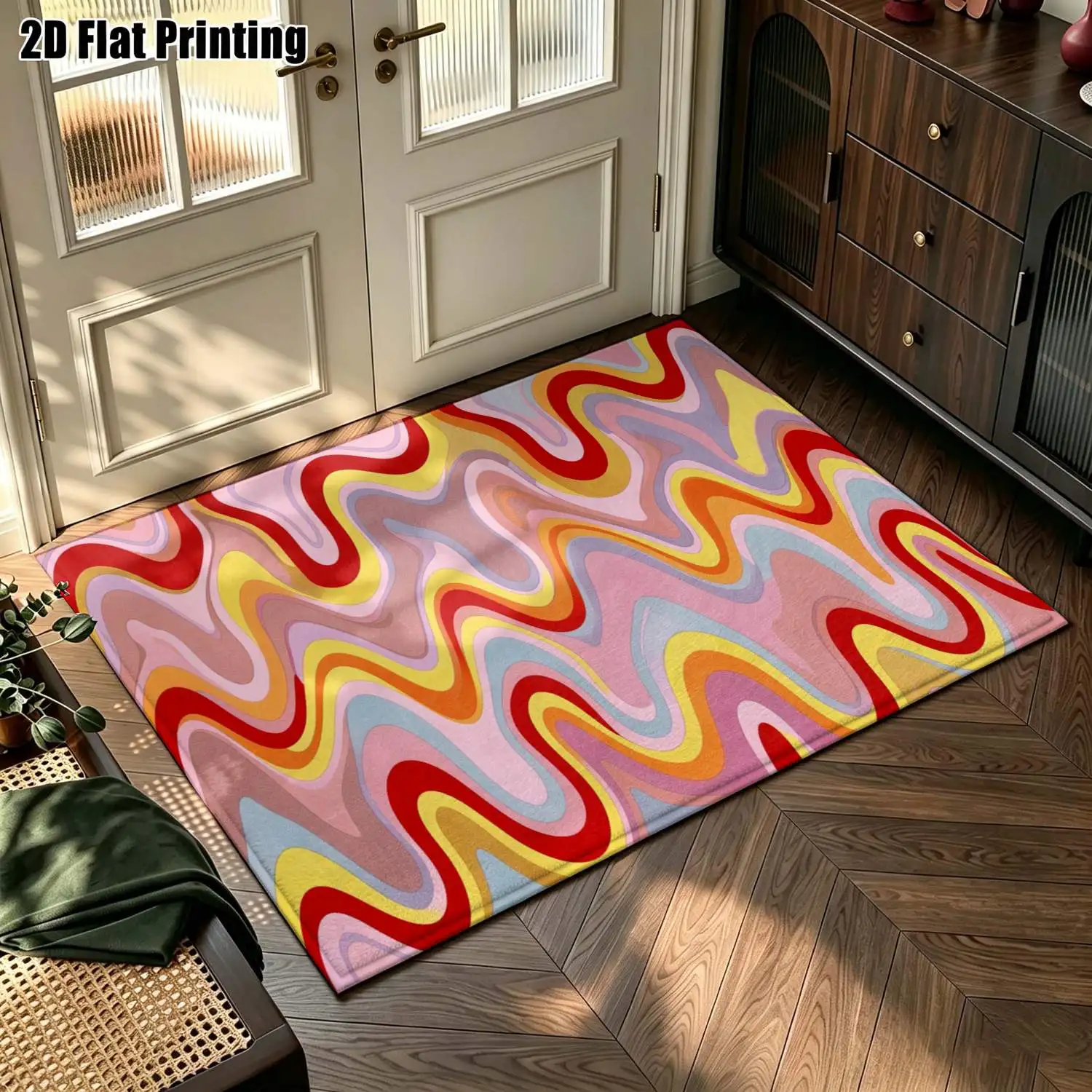 1Pc 2D Printed Colorful Wave Abstract Nordic/Instagram Style Carpets, Modern Minimalist Geometric Striped Floor Mats for Home Decor, Multi-Size, Machine Washable, Suitable for Entrance/Dining/Foyer/Bedroom/Living Room
