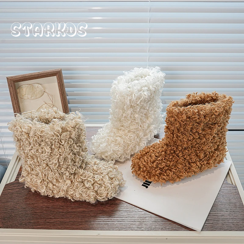 

Long Hair Curly Teddy Fur Boots Kid Girl Fluffy Thick Plush Booties Baby Child Winter Brand Design Round Toe Slip-on Cotton Shoe