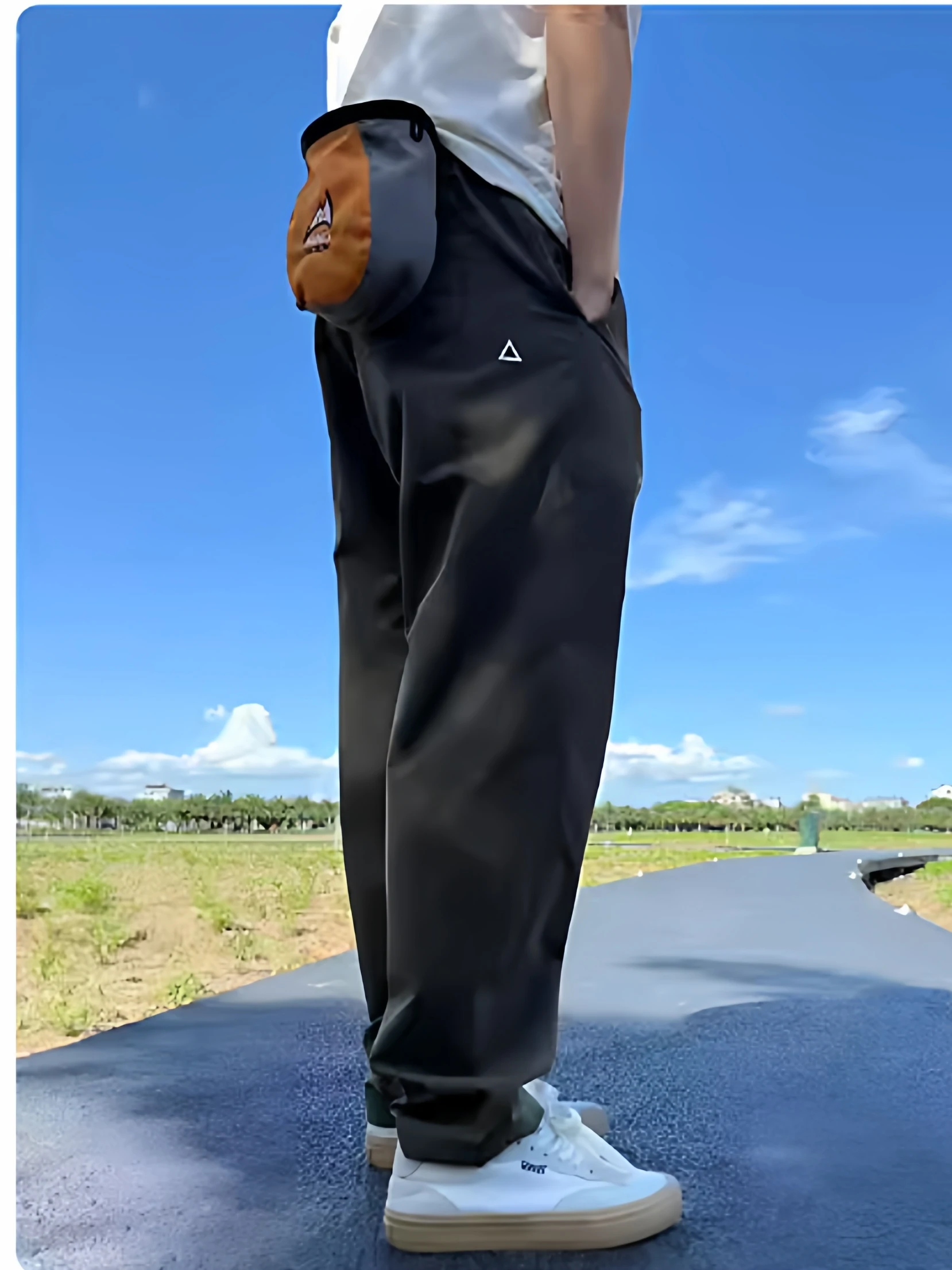3D Triangular Label Men's Casual Sports Pants Outdoor Autumn Winter Loose Fit Waist Elastic Long Trousers Straight Leg Zipper
