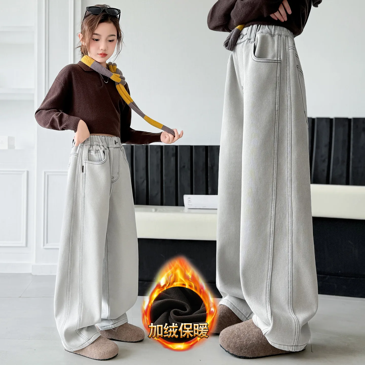 Pantalon carmesim en velours côtelé chaud pour filles, Style ample, épais, de rue, isolé, Denim blanc, automne et hiver