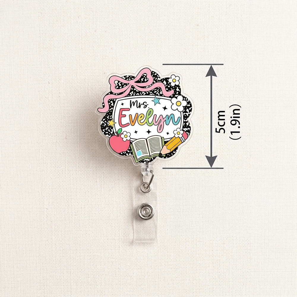 Polka Dot Custom Text Badge Reel, Teacher Book Apple Pencil Retractable ID Reel Clip, Unique Educator Appreciation Gift