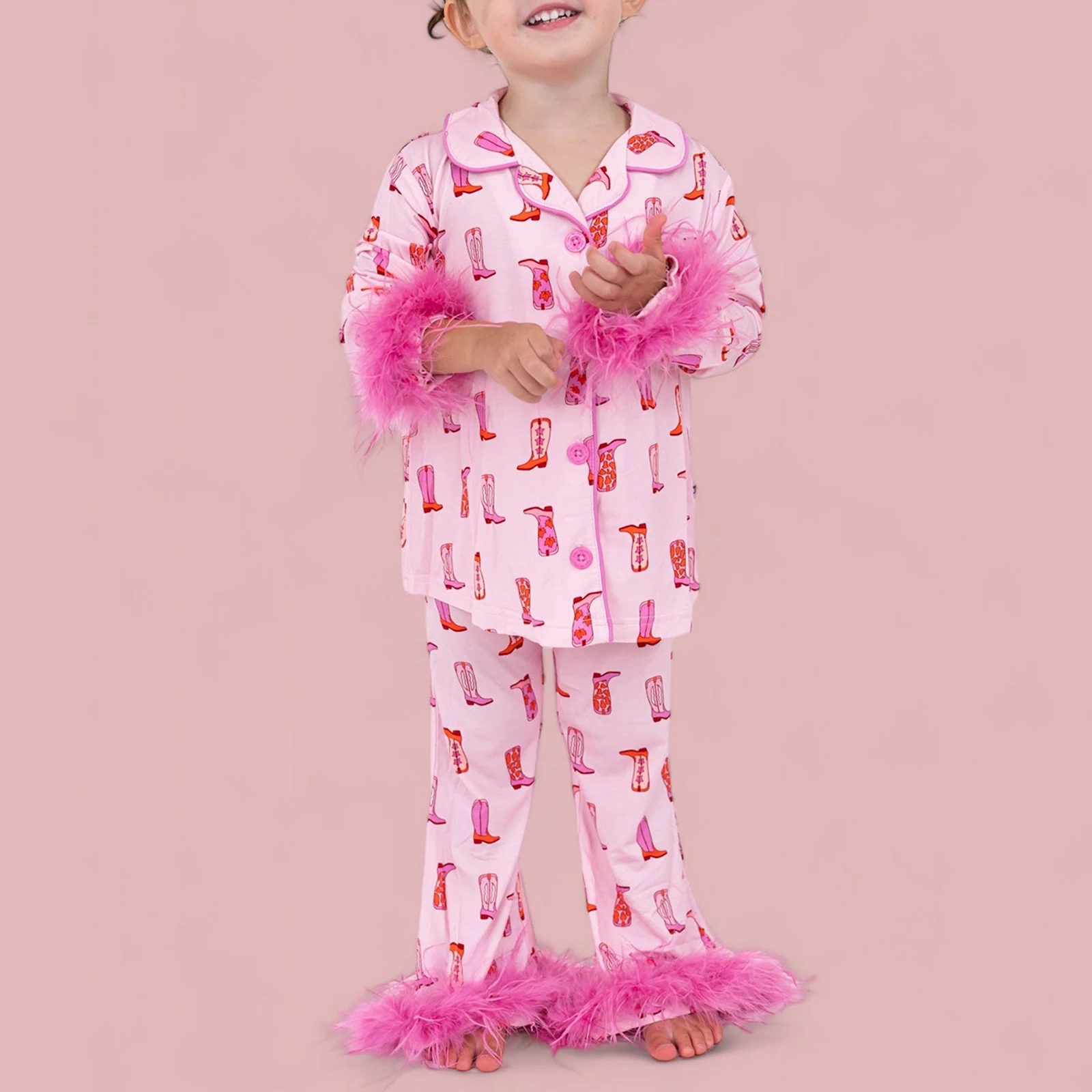 HEZIOWYUN Mom and Me Family Matching 2Piece Pajamas Feather Cuff Set Long Sleeve Boot Print Shirt + Pants Set Cowgirl Loungewear