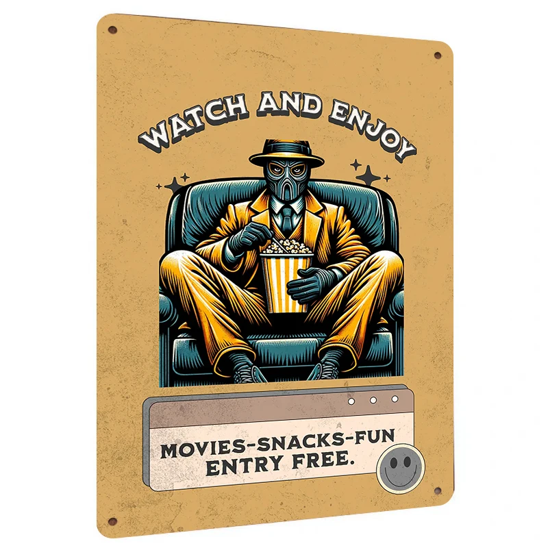 Vintage Movie Theme Metal Wall Art Masked Gentleman Popcorn Decorative Poster for Living Room Creative Cinema Sign