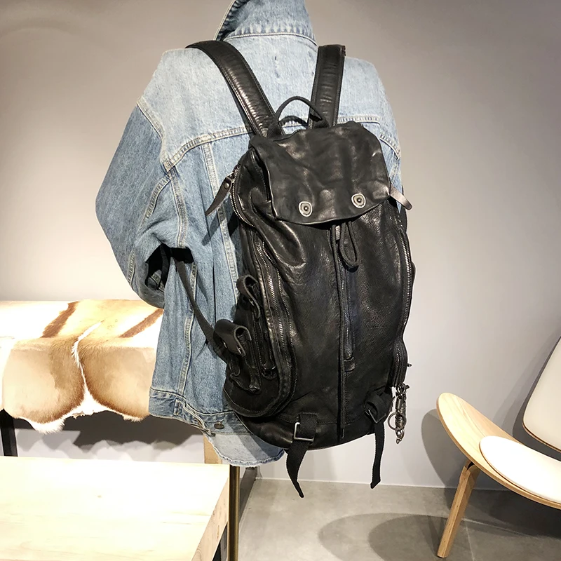 European And American Fashion High Quality Top Layer Cowhide Large Capacity Women's Backpack Bucket Drawstring Mouth Backpack