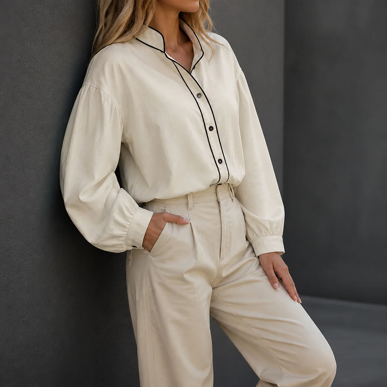 Women's Loose Fit Korean Style Stand Collar Lantern Sleeve Open Front Blouse Tops for Women with Color Block Contrast Trim