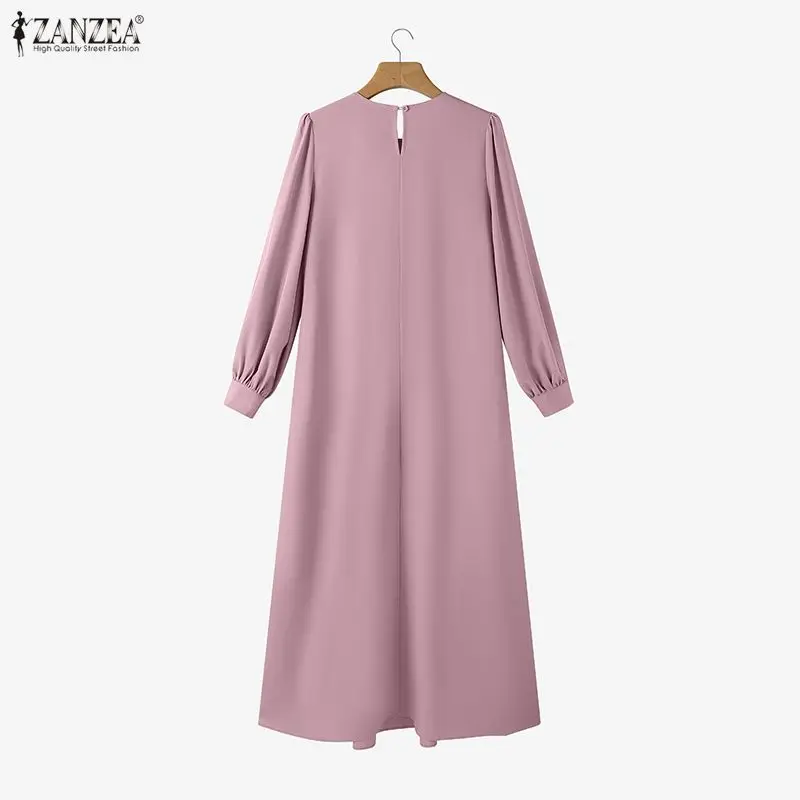 ZANZEA Eleganckie, luźne, plisowane długie sukienki damskie, moda muzułmańska, hidżaby, dekolt okrągły, długi rękaw, abaje, szaty, odzież islamska na Ramadan