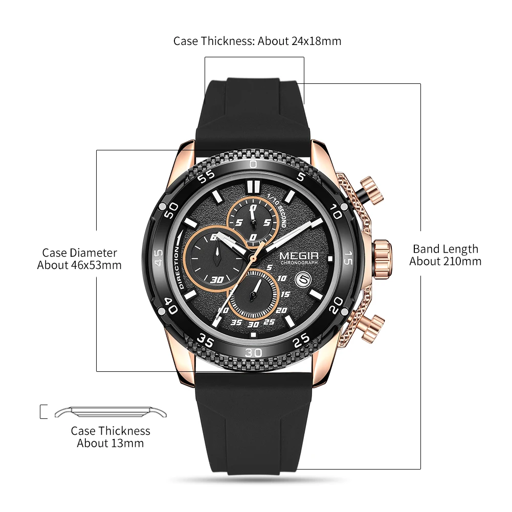 MEGIR Brand Fashion Men Watch Silicone Sports Wristwatch Quartz Chronograph Large Dial Luminous Hands Date Clock Reloj Hombre