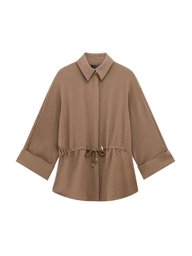 

KUCLUT Women Fashion Brown Single Breasted Lace Up Blouse Vintage Lapel Neck Long Sleeves Female Chic Lady Shirts