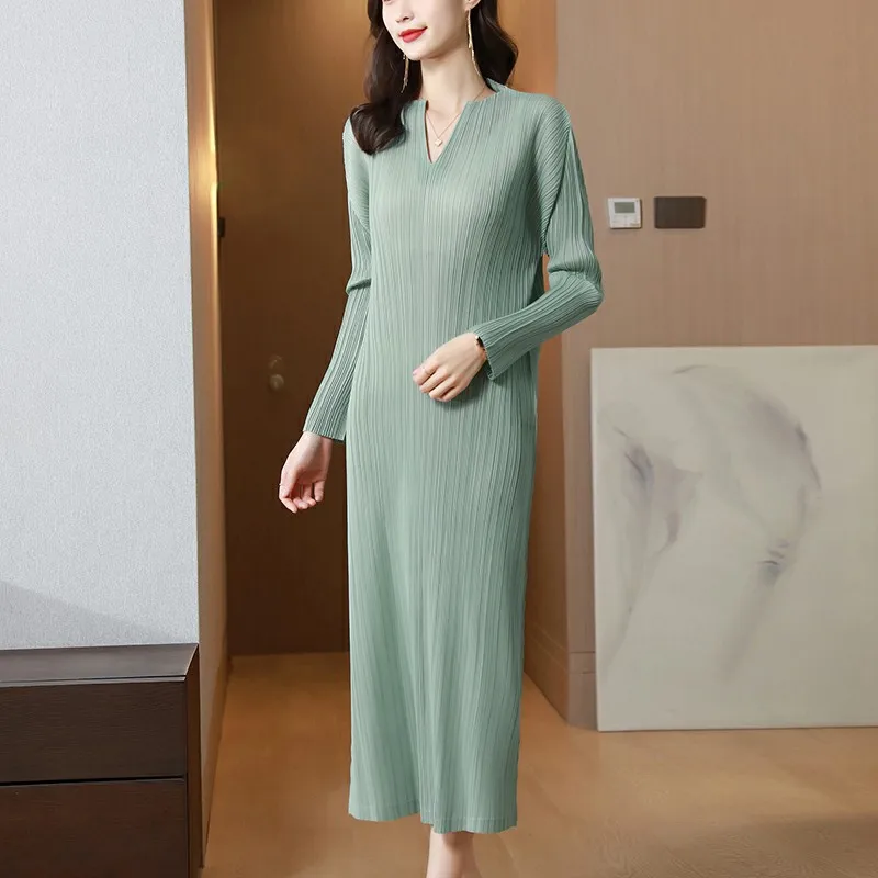 

Pleated Solid Cotton Bubble Sleeve Sleeves High Waist Green Mid length Dress vestidos summer dress women 2023