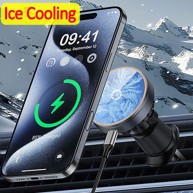 

Магнитный автомобильный держатель для телефона с ледяным охлаждением, крепление для вентиляционного отверстия, ночник, беспроводная автомобильная зарядка для MagSafe iPhone 16, 15, 14, 13, 12 Pro Max