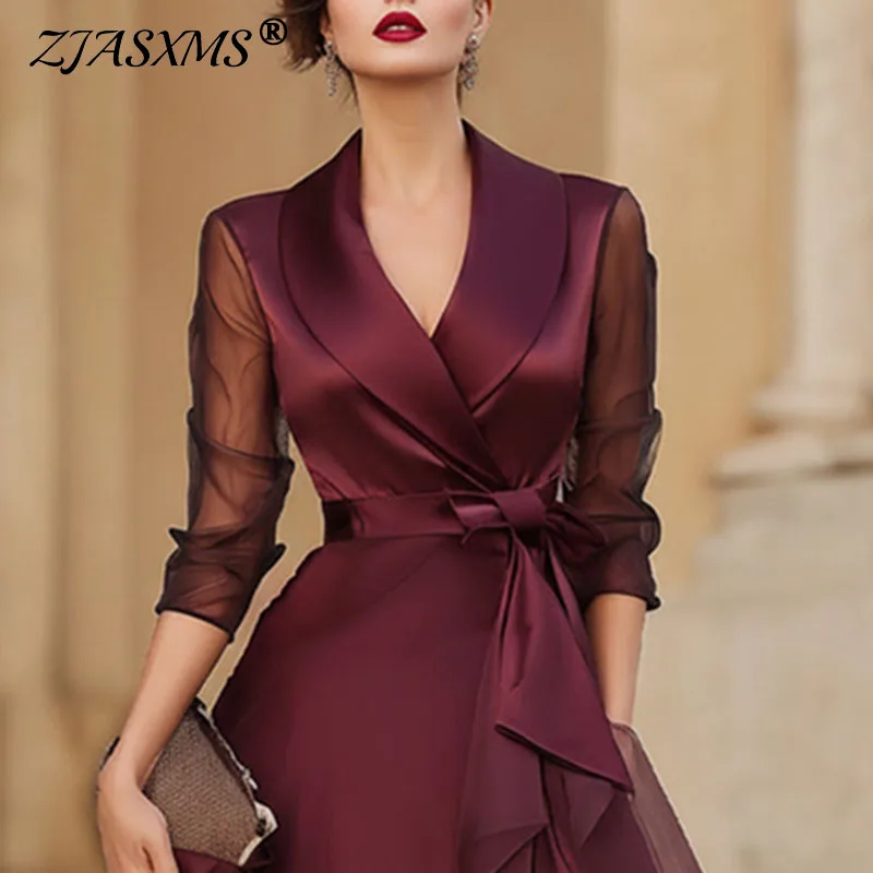 Elegantes Partykleid mit Revers und Rüschen aus Mesh für Damen, Frühling, einfarbig, hohe Taille, Schleife, fließendes Maxikleid, Sommer, transparente Ärmel, sexy Boho-Kleid