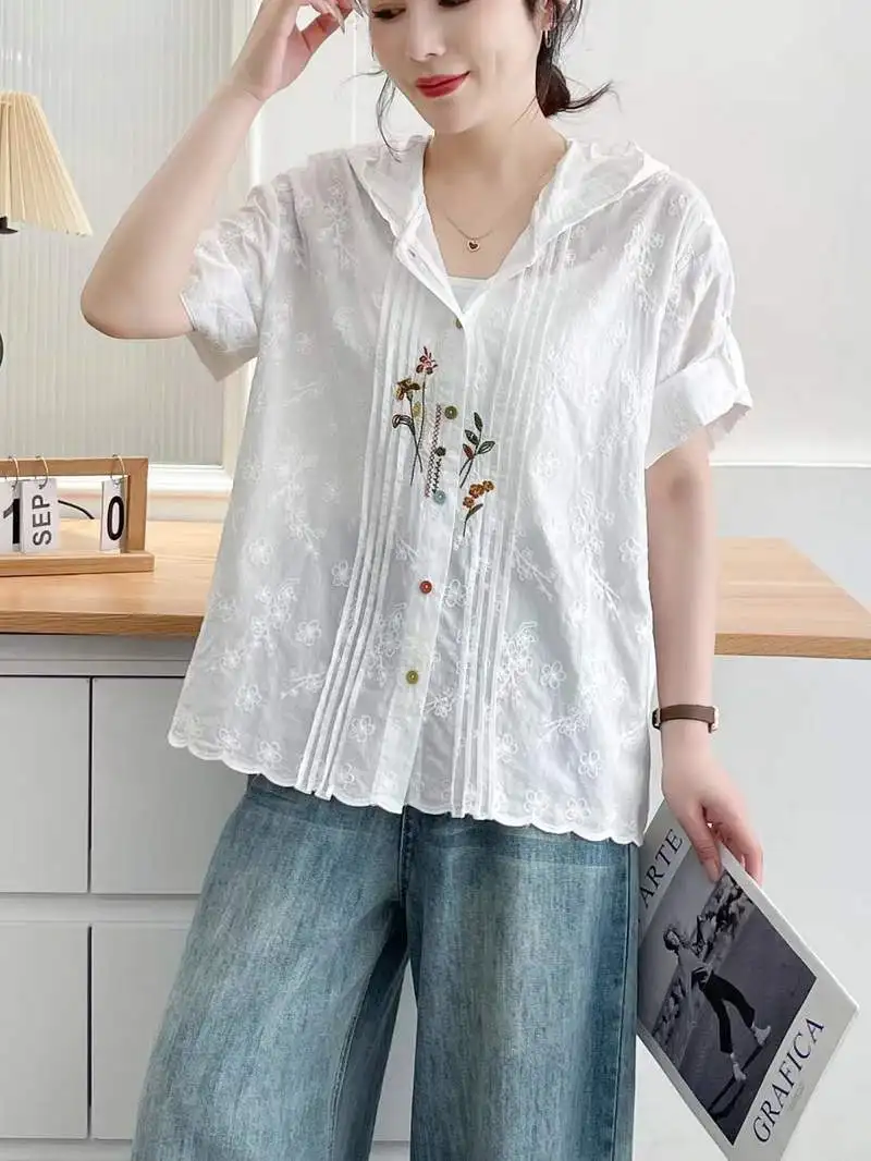 ใหม่2025ฤดูร้อนผ้าฝ้ายแขนสั้นHoodedเสื้อผู้หญิงเย็บปักถักร้อย,Moriสาวลดอายุสบายๆหวานเสื้อหลวมT55047CC