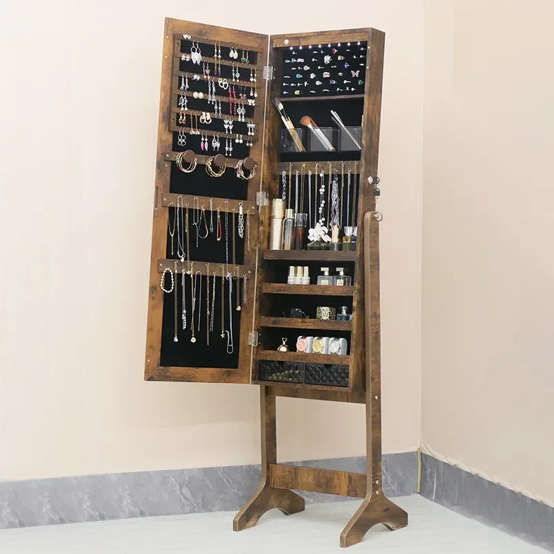 Floor Standing Jewelry Armoire with LED Light Full Length Mirror Makeup Dressing Table Storage Cabinet Organizer for Bedroom