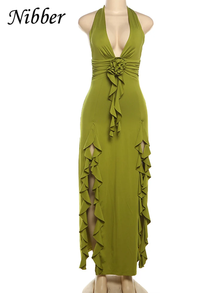 Nibber Appliques Tassel 원피스 여성 Y2K Halter Backless Split Sexy Ruched 우아한 여름 다시 Ruched Beach Holiday Maxi Bodycon