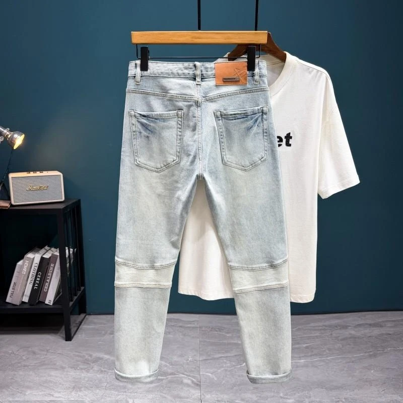 Slim Fit Long Denim Jeans with American Style Maple Leaf Embroidery Print for Men - Stylish Daily Pants