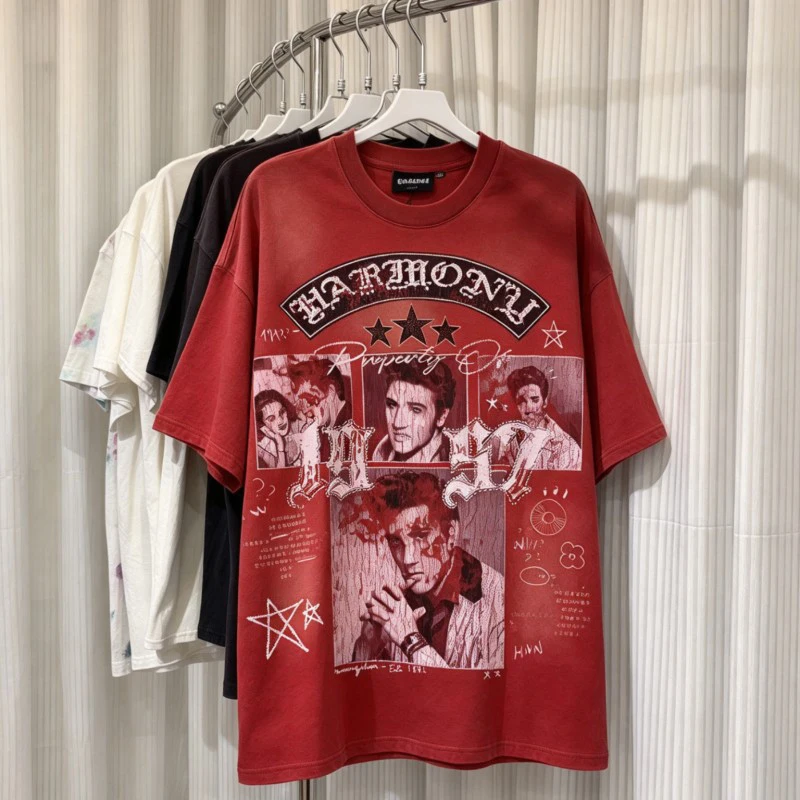 Graffiti Vintage Portrait Print HARMONY Tshirts Hotfix Rhinestone Letter Breathable Cotton Washed Red Short Sleeve Men Women Tee