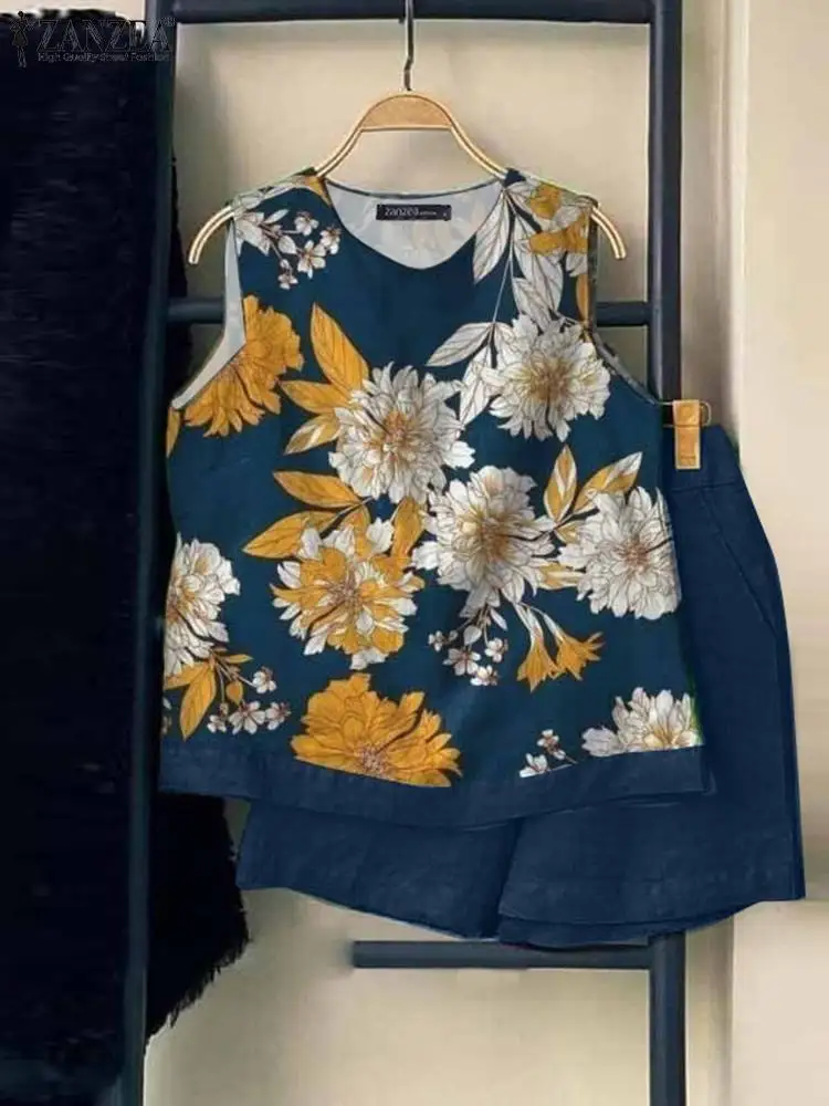 ZANZEA-Fatos Bohemiain para mulheres, tops sem mangas, agasalho estampado floral, moda verão, conjuntos de 2 peças