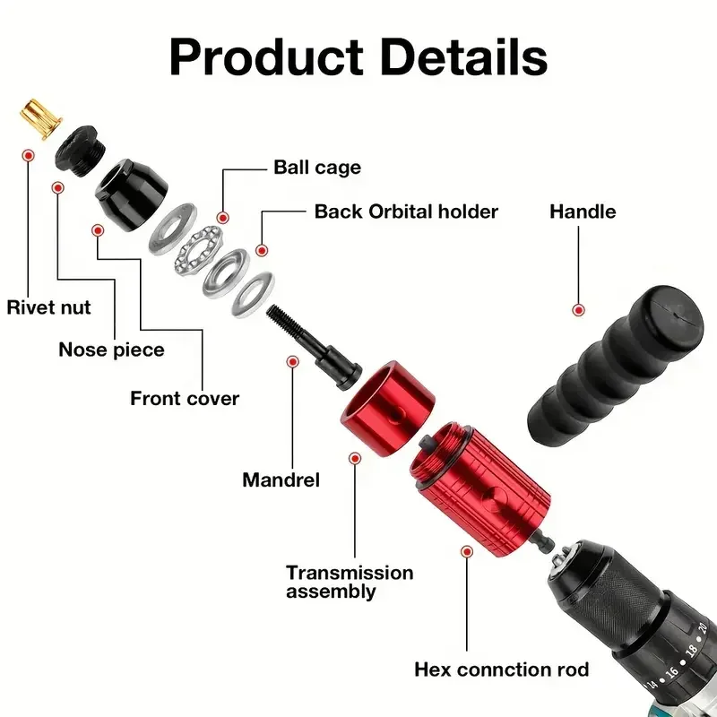 Metric e Imperial Rivet Nut Gun Set, Home Cordless Riveting Tool, cabeça de rebite, 1/4 na interface do punho hexagonal, 10PCs