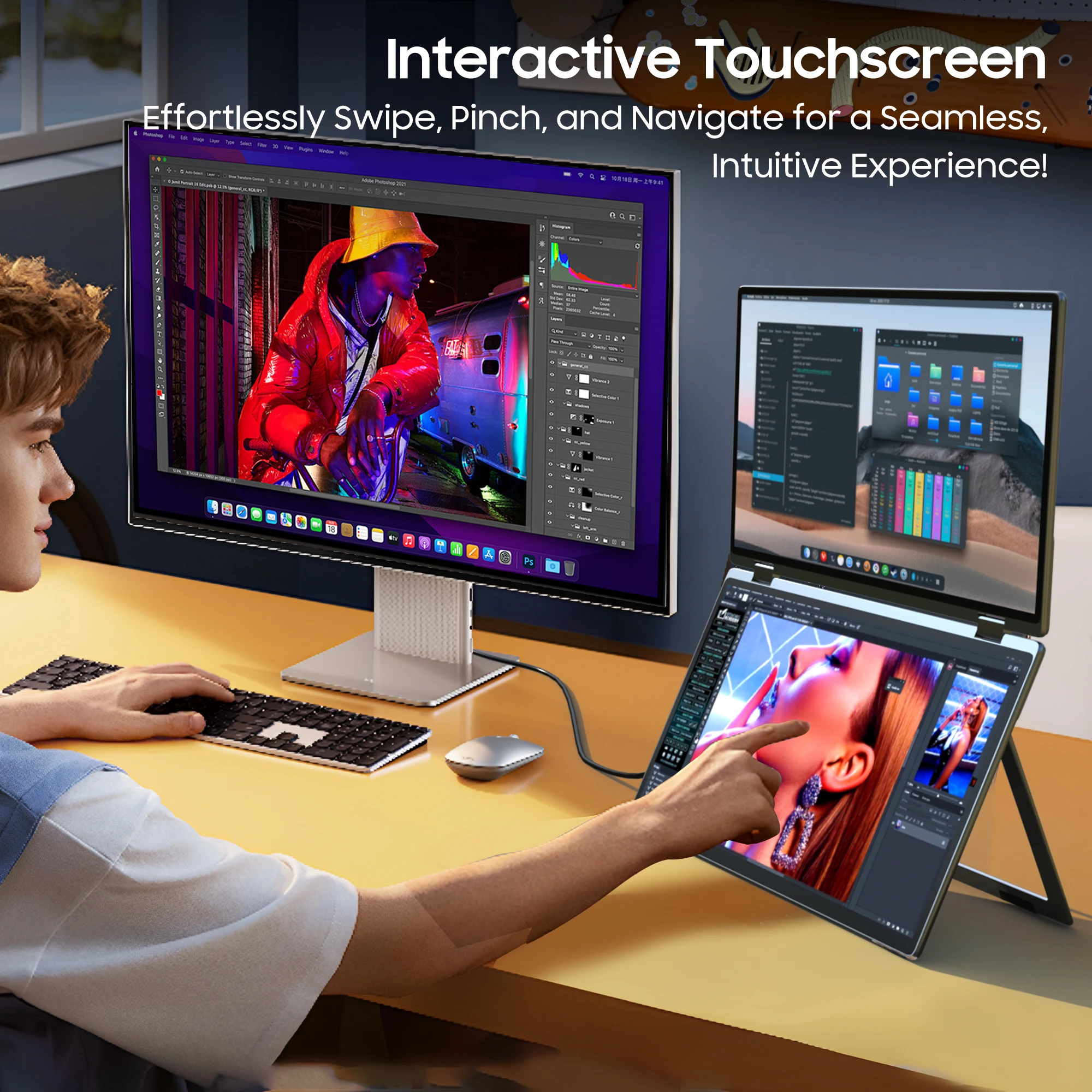 13.3'' Dual Touch Screen Portable Monitor Laptop Extender IPS 1080P 360° Foldable Stacked Display with Kickstand HDMI/USB-C