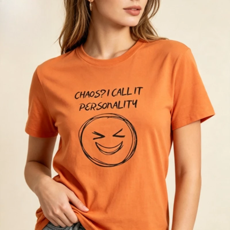 Women Cotton T-Shirt Chaos  Personality Doodle Smiley Face Graphic Tee Funny Sarcastic Quote Casual Crew Neck Short Sleeve Tops