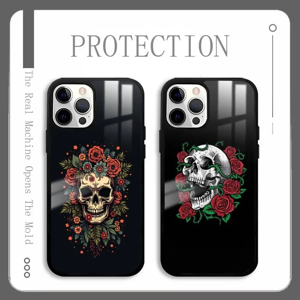 

Skull Flower Cool Phone Case For IPhone 17 16 15 14 13 12 11 Pro Max Plus Mini Plus Hard Mirror Surface Protect Funda