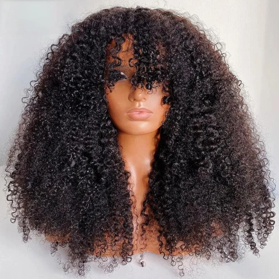 Natrual preto longo 180 densidade 26 “macio sem cola kinky encaracolado máquina peruca com franja para mulheres babyhair preplucked resistente ao calor