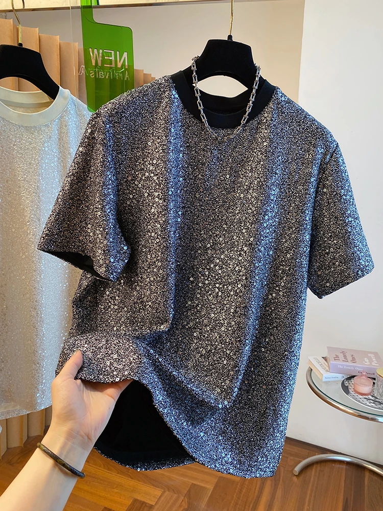 

Extra Large Size Glitter Tead ort Sve T-irt Women Summer Loose Top Bright Sequins Korean Sle Cotton Creative Print
