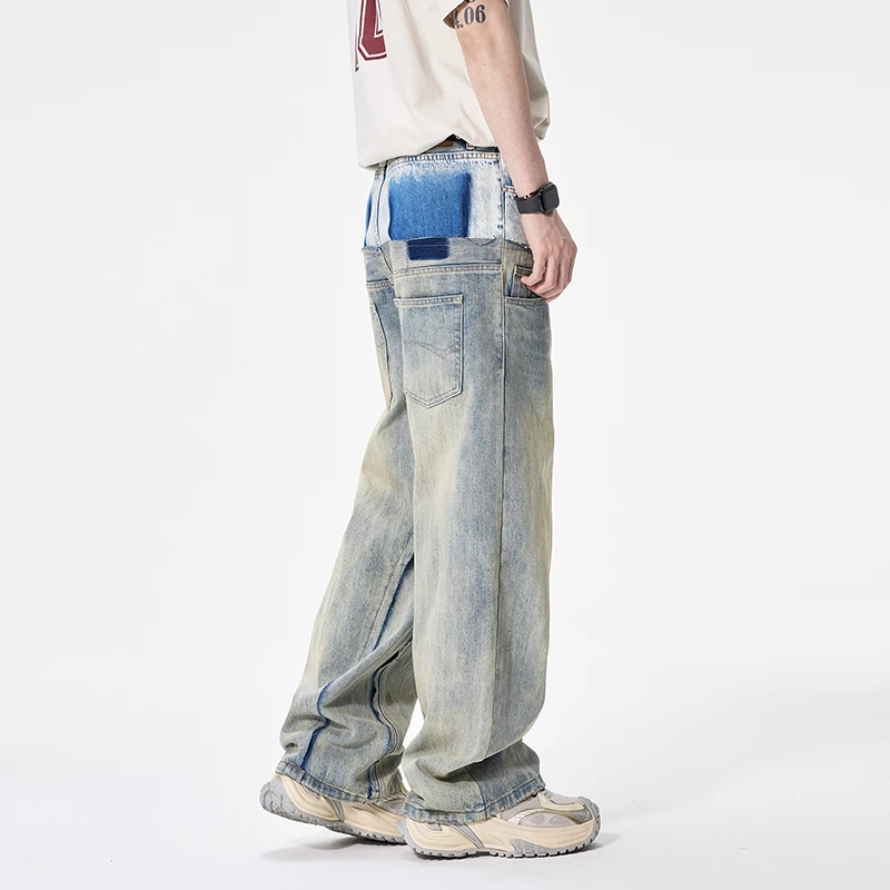 

JK9675 Niche loose straight-leg wide-leg patchwork distressed trendy high street individuality jeans