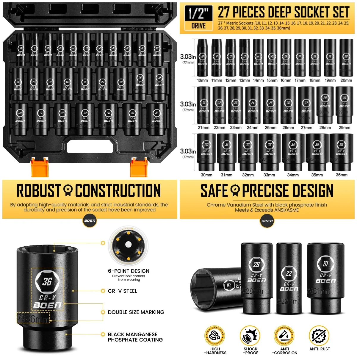 

1/2' Drive 6-Point Metric Impact Socket Set, 10-36mm, 27PCS, CR-V Steel, Deep Sockets, Portable Case