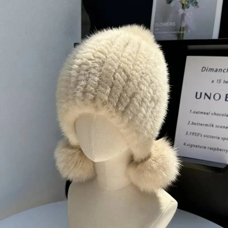 Mink Fur Knitted Hat For Women Winter Fashion Real Fur Hat With Fox Fur Ball Ear Protection Warm Fur Hat Good Elastic Fur Cap