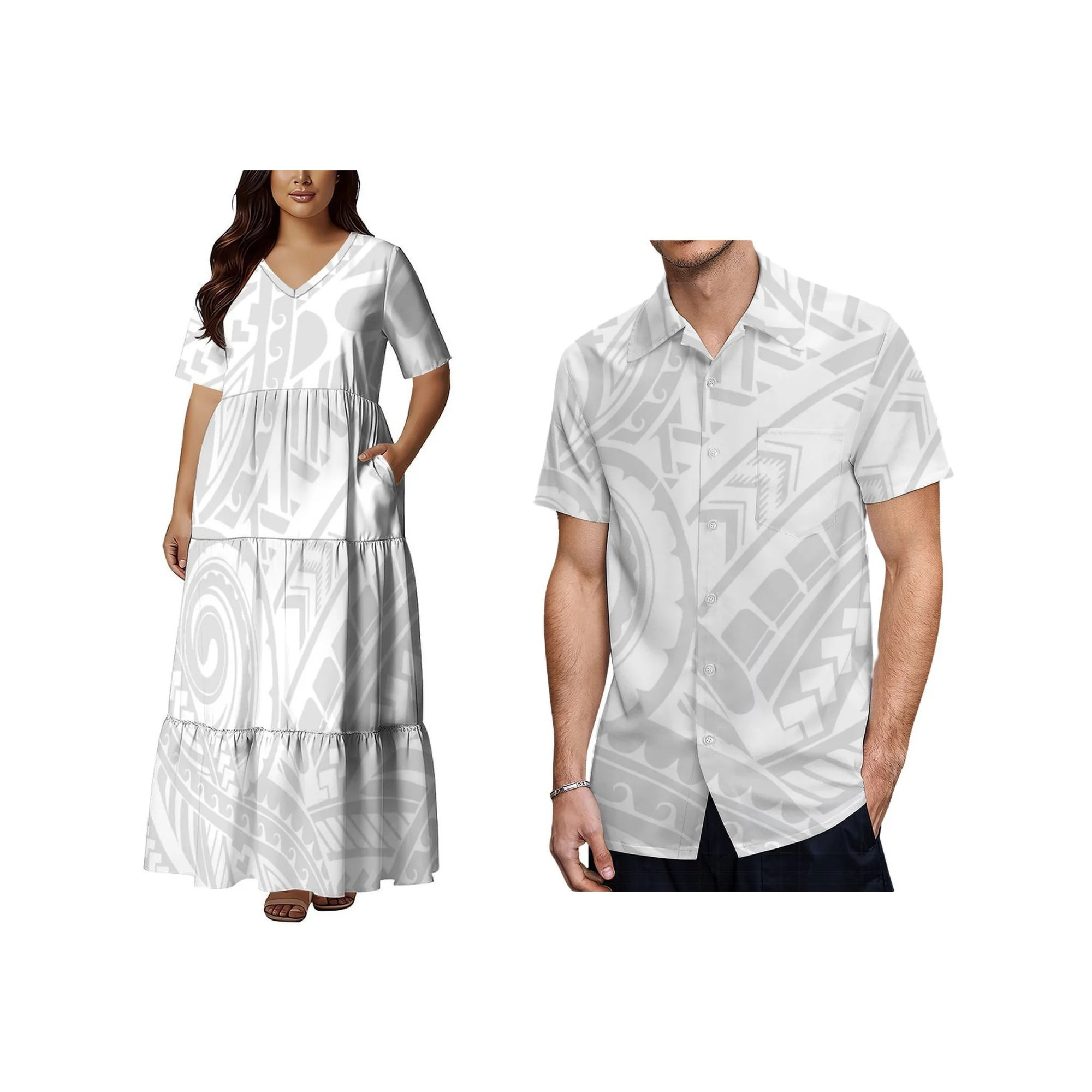

Wholesale Custom Mult Tiered White Sunday Design Women Dress Hawai Print Style Party Dress Short Sleeves With Pocket Ladies Dres