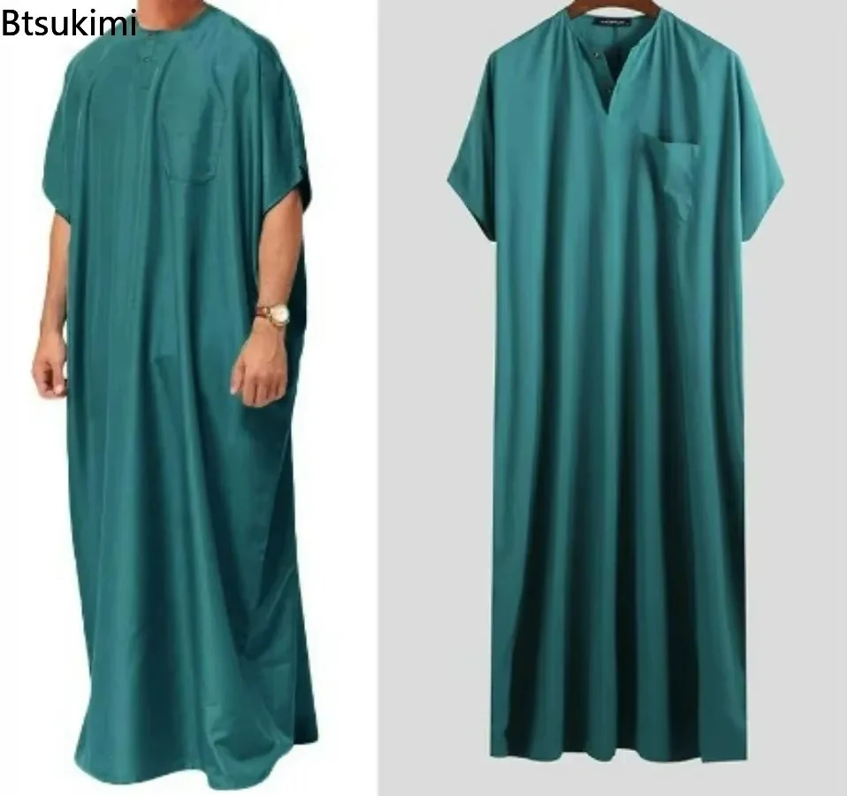 

2026 Men Islamic Clothing Arabic Kaftan Muslim Fashion Abayas Vintage Short Sleeve Loose Men Thobe Dubai Middle East Casual Robe