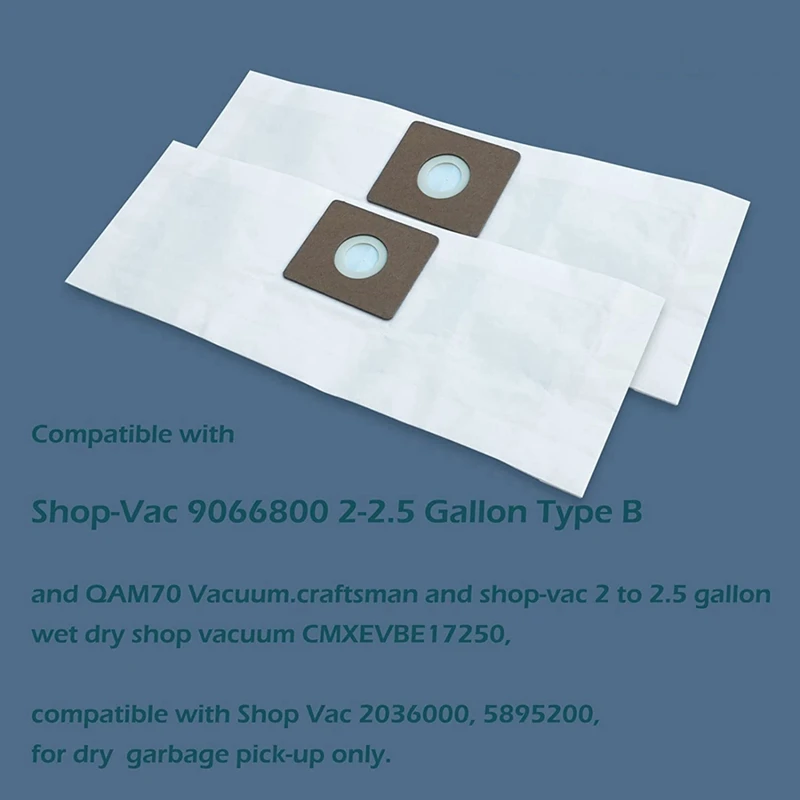 12 Pack Vacuum Bags For Shop-Vac 9066800 2-2.5 Gallon Type B And QAM70 Vacuum, Premium Disposable Filter Paper Bags