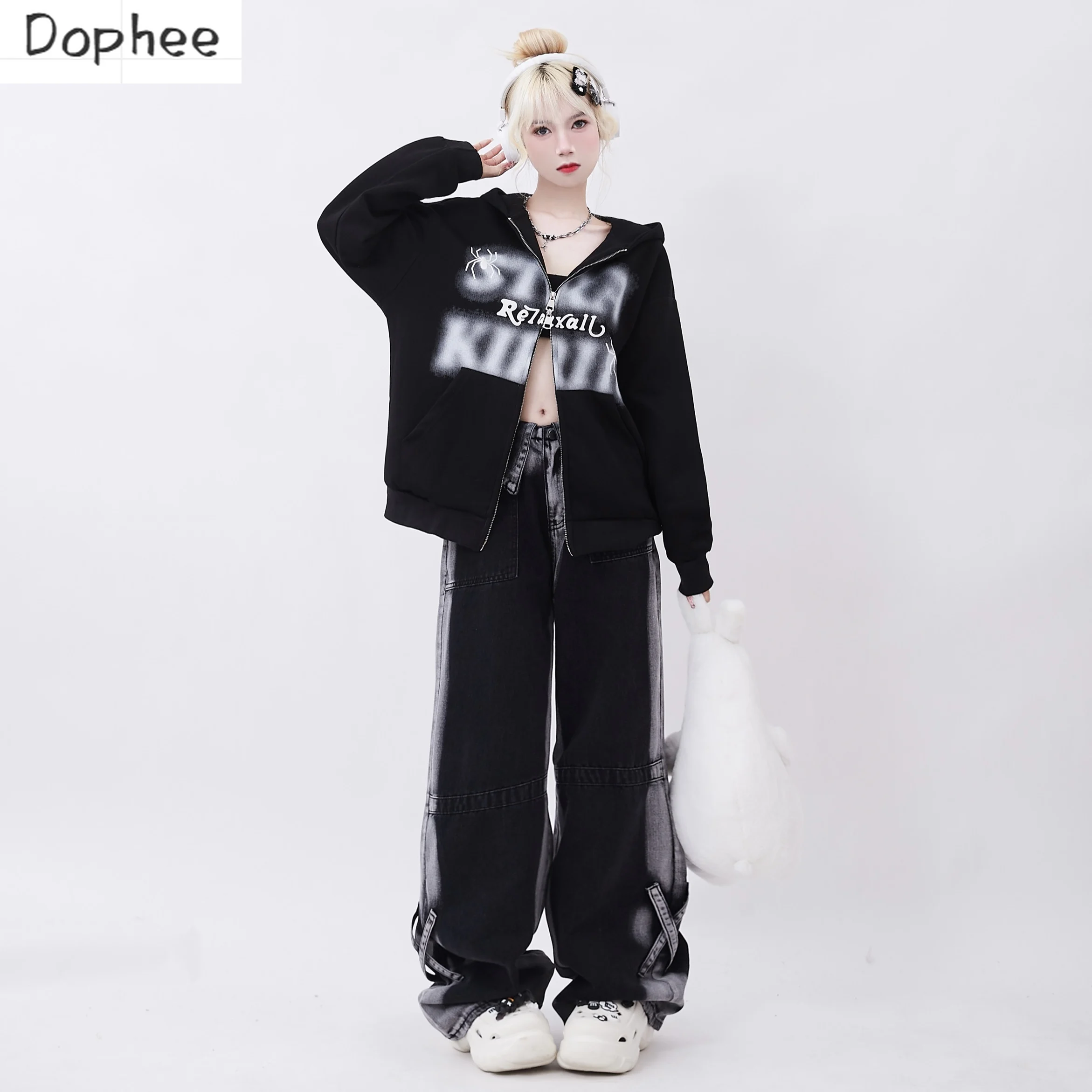 Dophee-Cardigans à capuche de style américain Harajuku pour femmes, sweat-shirt pour étudiants, lettres d'araignée imprimées, manteau décontracté pour femmes, haut d'automne, nouveau