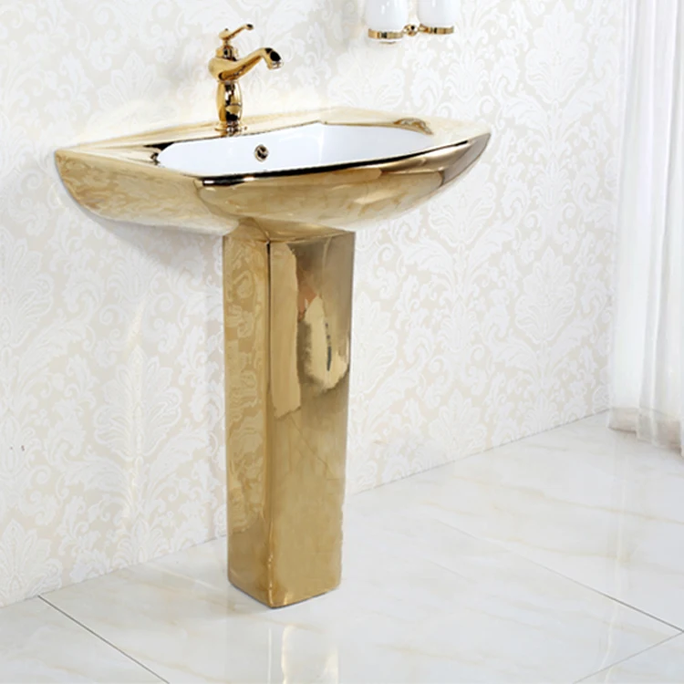 KD-24GBA High Level Hotel Sanitary Ware Floor Mounted Golden Two Piece Vessel Sink Bathroom Ceramic Gold Plated Pedestal Basin