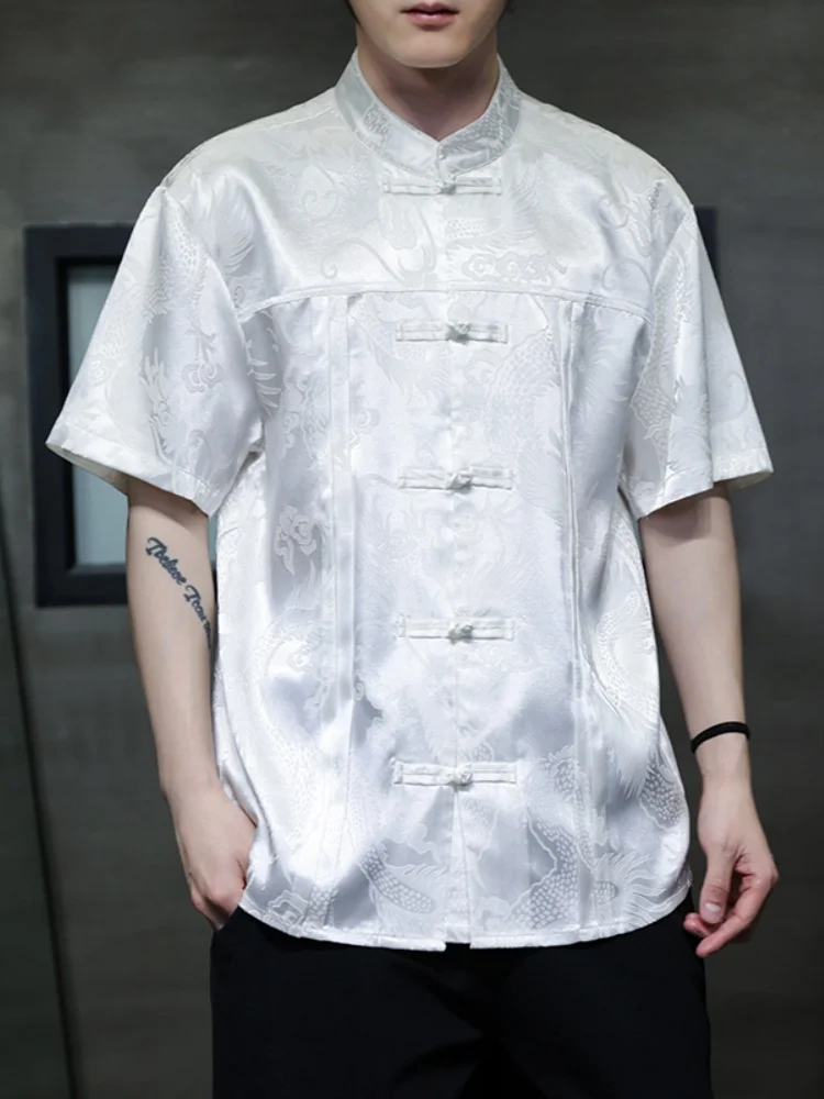 

New Chinese Sle Men's Ice Silk irt ort Sve Five-Quarter Middle Sve T-irt Hanfu Tang Costume Loose Fit Summer Co...