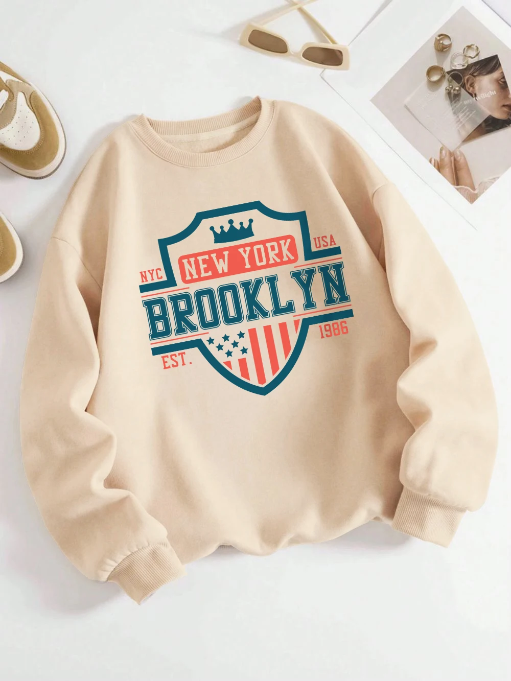 Brooklyn New York Usasweatshirt Womens Letter Printing Hoodie Crewneck Loose Fleece Warm Tops Winter Comfortable Woman Clothes