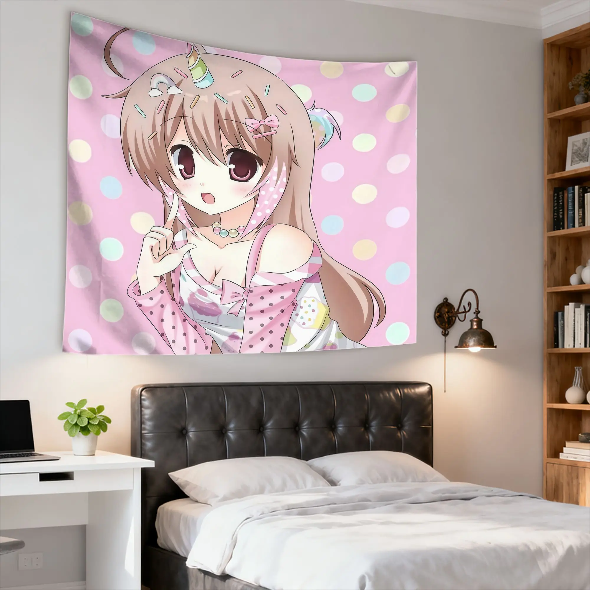 Hot Pink Polka Dot Unicorn Horn Anime Girl Tapestry Pastel Candy Manga Wall Art Aesthetic Room Decor for Bedroom Dorm Girl Gift