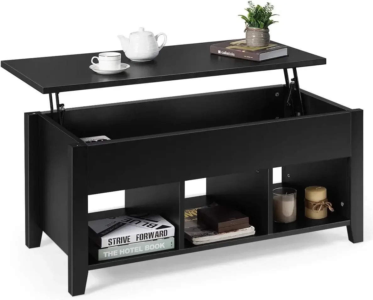 Lift Top Coffee Table, Wood Home Living Room Modern Lift Top Storage Coffee w/Hidden Compartment Lift Tabletop Furniture (Black)