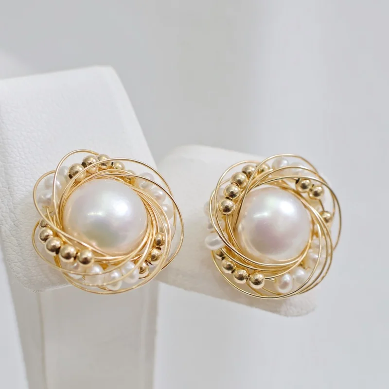 

SGARIT Trending Pearl Jewelry14k Filled Gold Natural Freshwater Round Stud Earrings Hot Sale Jewellery For Women's Party