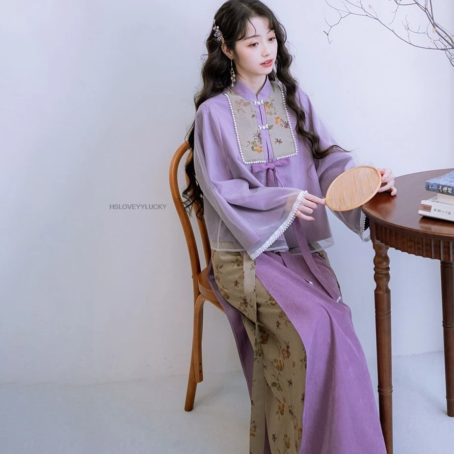 Spring And Summer Chinese Song Dynasty Improved Hanfu Women Top Women Gental Long-sleeve Top And Half Skirt two-piece Purple Set