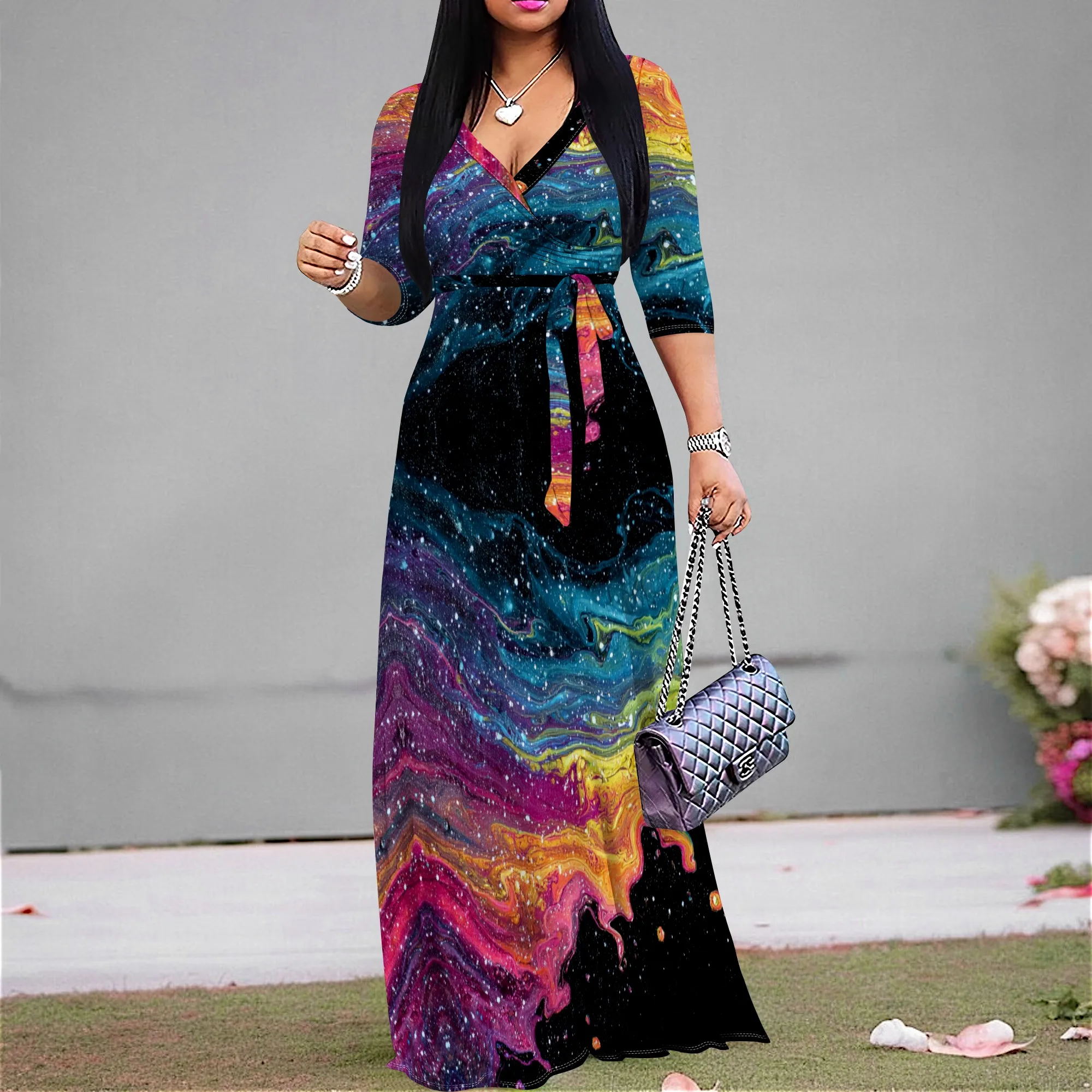 

Women Plus Size Galaxy Print Maxi Dress V-Neck Half Sleeve Bold Party Elegant Wear