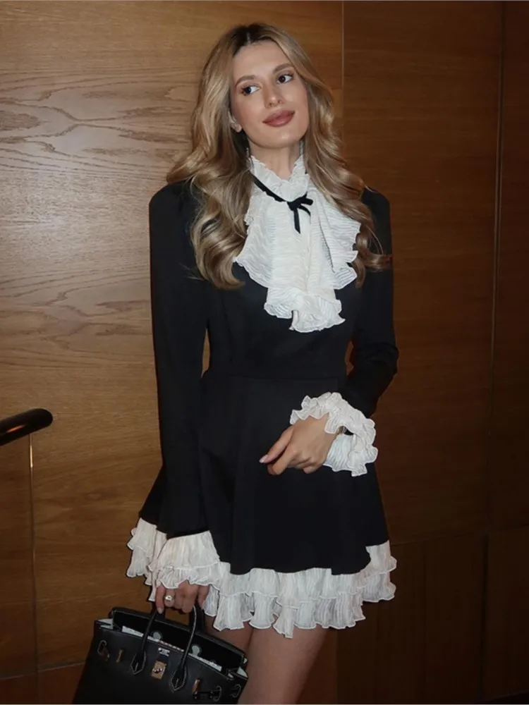 

Contrast Color Dress Lace Patchwork Vestidos Flared Sleeves Dresses 2025 Woman Vestido Femininos Banquet French Elegant Retro