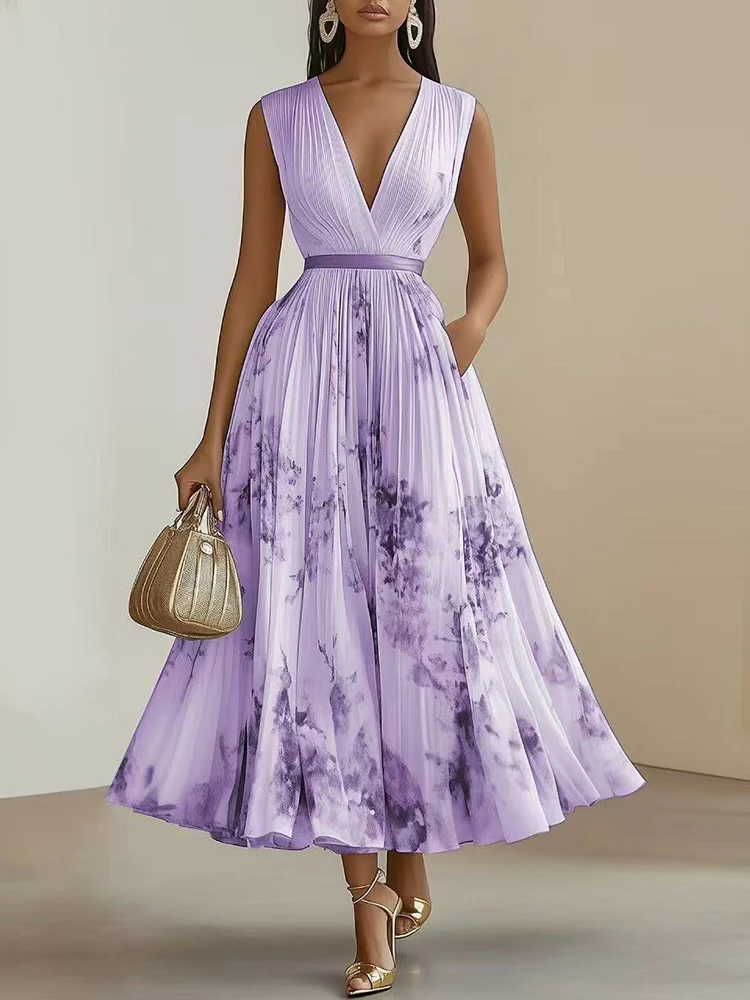 Women Vintage V-Neck Retro Printing Slim A-Line Dress Sleeveless Party Dress Summer Elegant Fashion Ladies Dresses Vestidos 2026