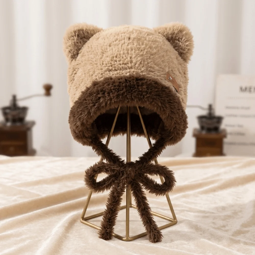 Cute Bear Ear Trapper Hat Chin Drawstring 56-59CM Fuzzy Ear Flap Hat Windproof Fluffy Winter Thermal Hat Cold Weather