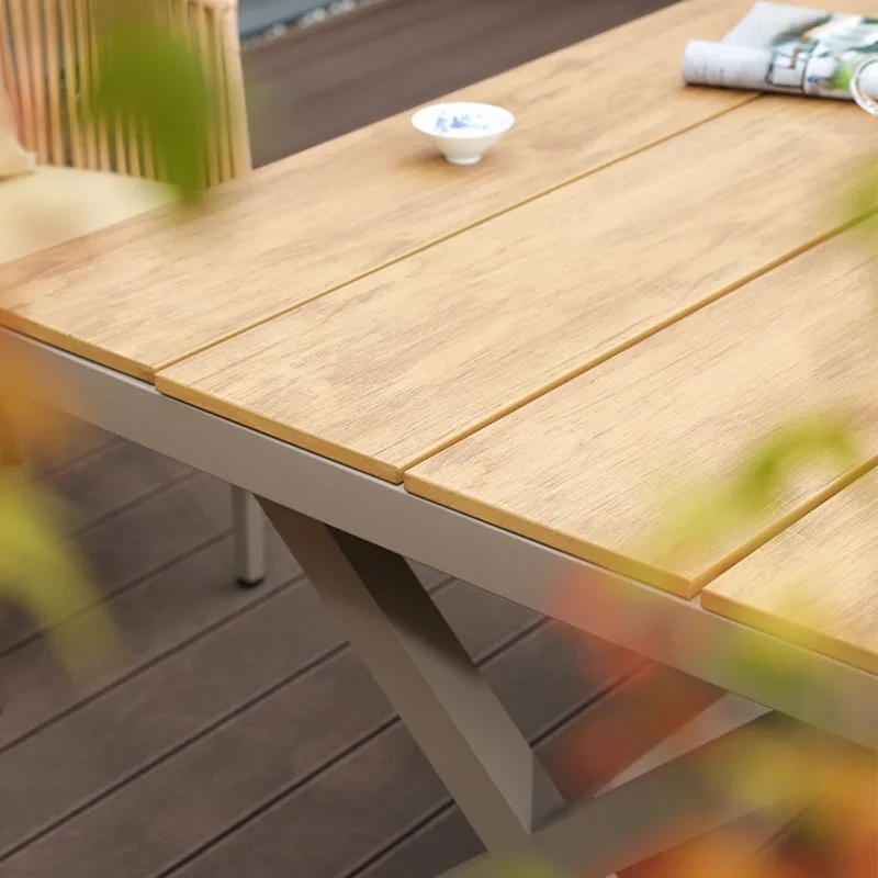 Waterproof and sunscreen plastic wood tables and chairs villa outdoor rattan chairs long dining table