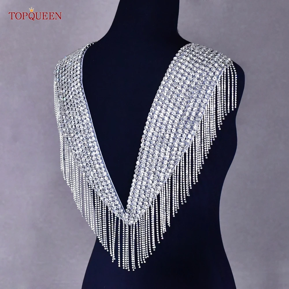 Topqueen New Crystal Tassel Wedding Collar Sewing Patch Rhinestone Tassel Applique Neckline For Clothing Decoration SP56