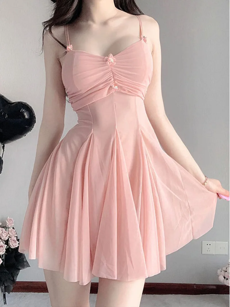

Sexy Strap Nightwear Mesh Uniform Temptation Transparent Solid 3D Flower Camisole Women Dress Backless Summer Charm Sweet 963F