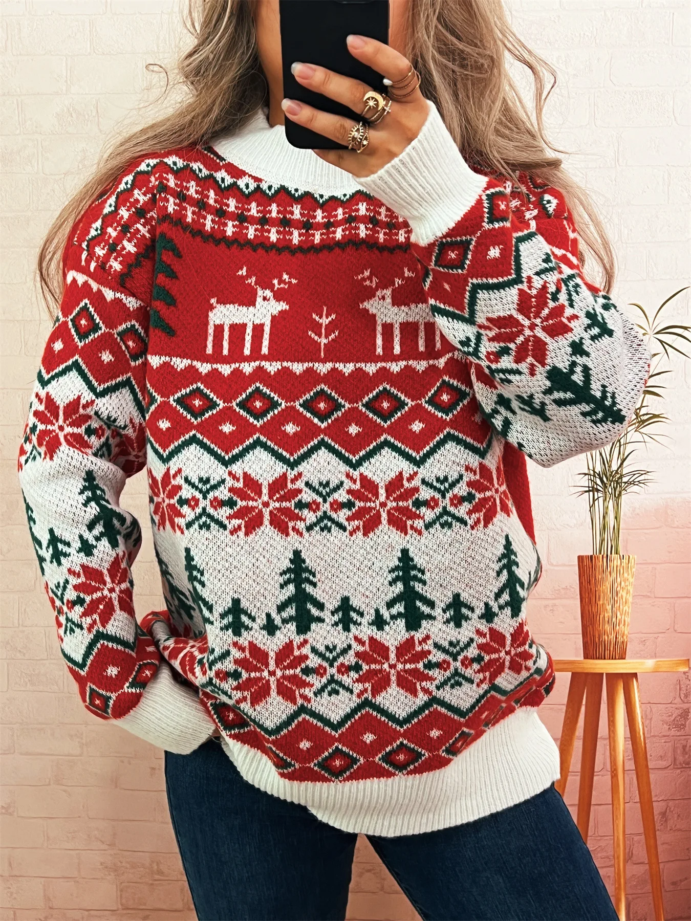 

Retro Christmas Sweater Loose Comfortable Fashionable Daily Tops For Woman Long Sleeve Pullover Round Neck Winter Clothes Woman